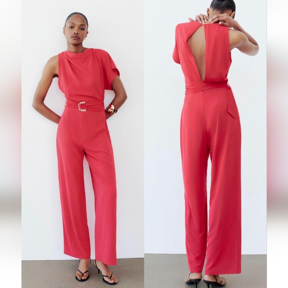 ASYMMETRIC CREPE BUCKLE JUMPSUIT SIZE M
